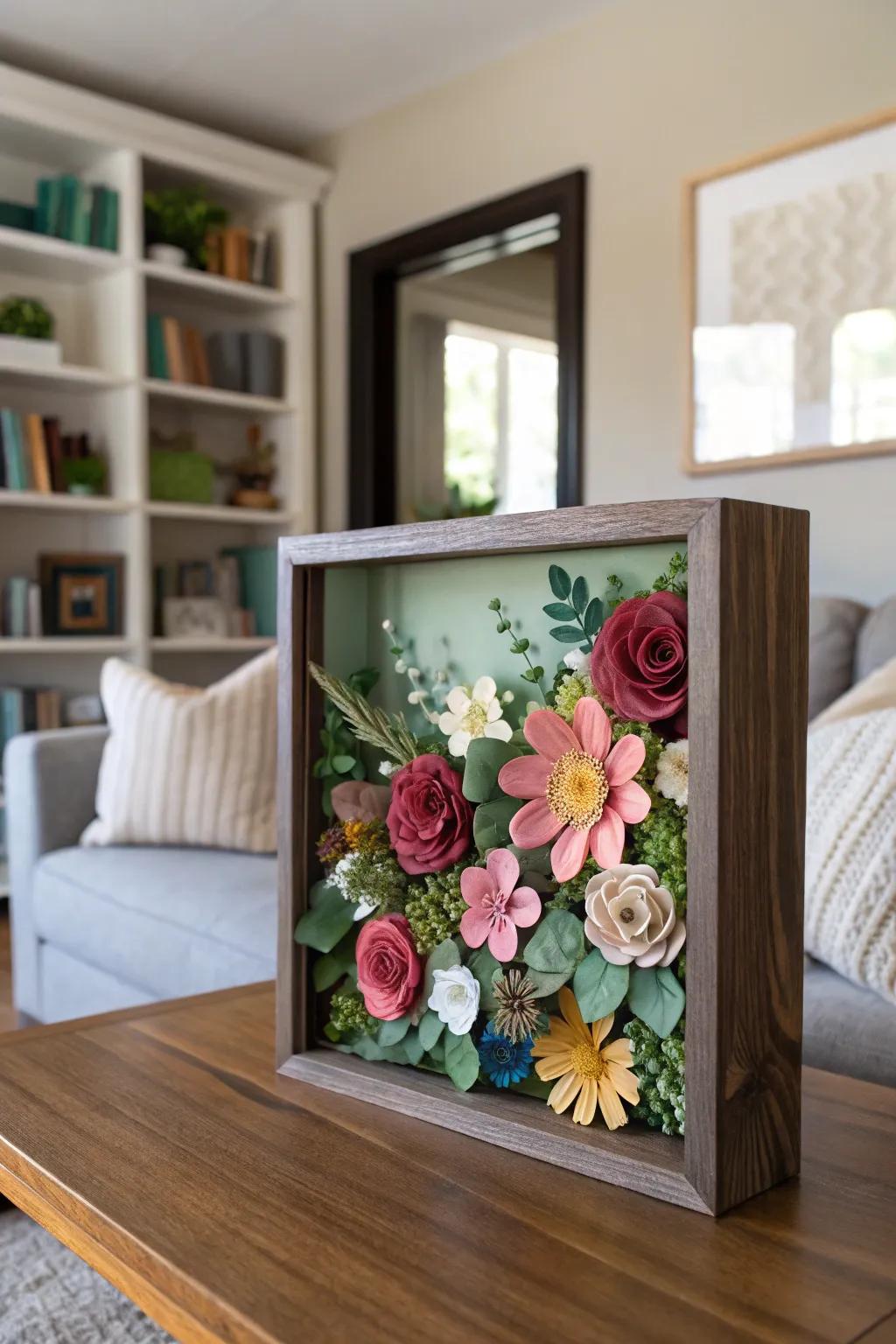A botanical-themed shadow box brings the elegance of nature inside.