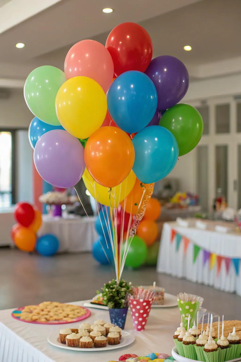A playful balloon centerpiece reflecting the party's colors.