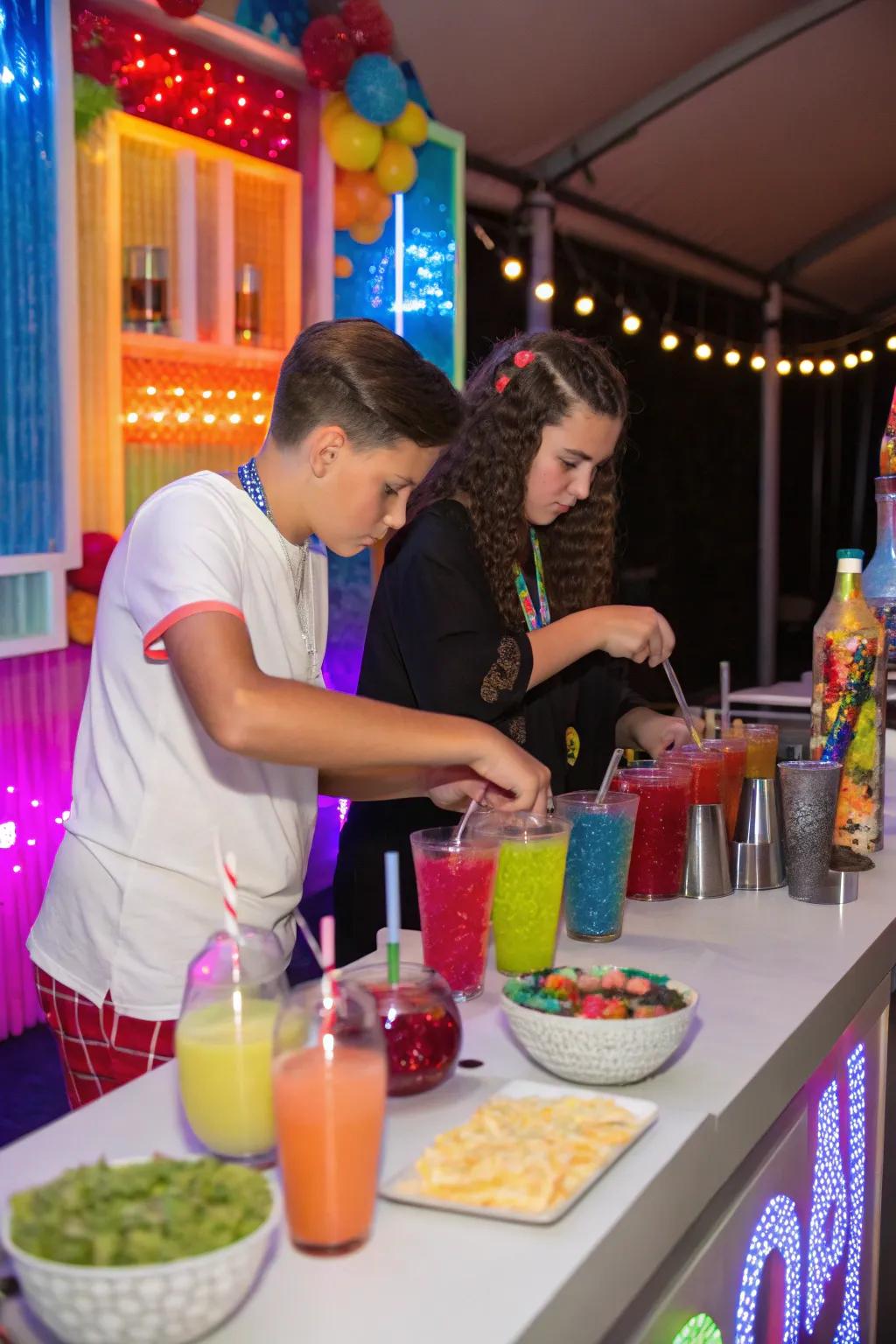 Teens enjoying a blended beverage creation session with vibrant drinks.