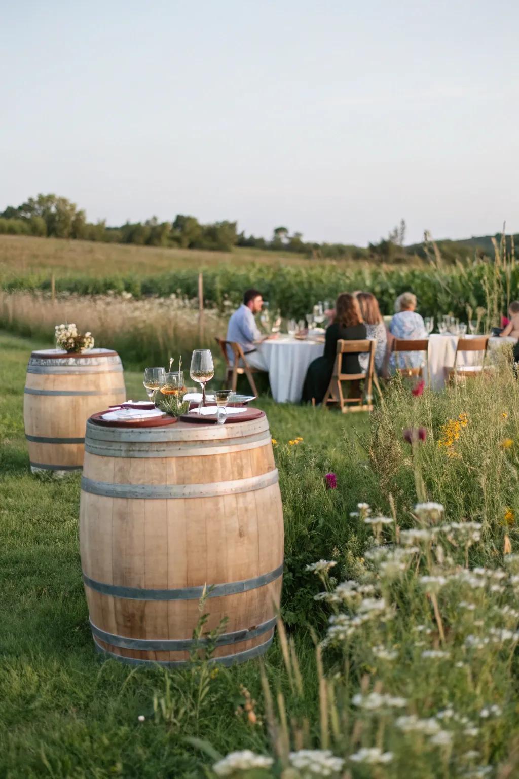Grape casks working as tables in the pasture.