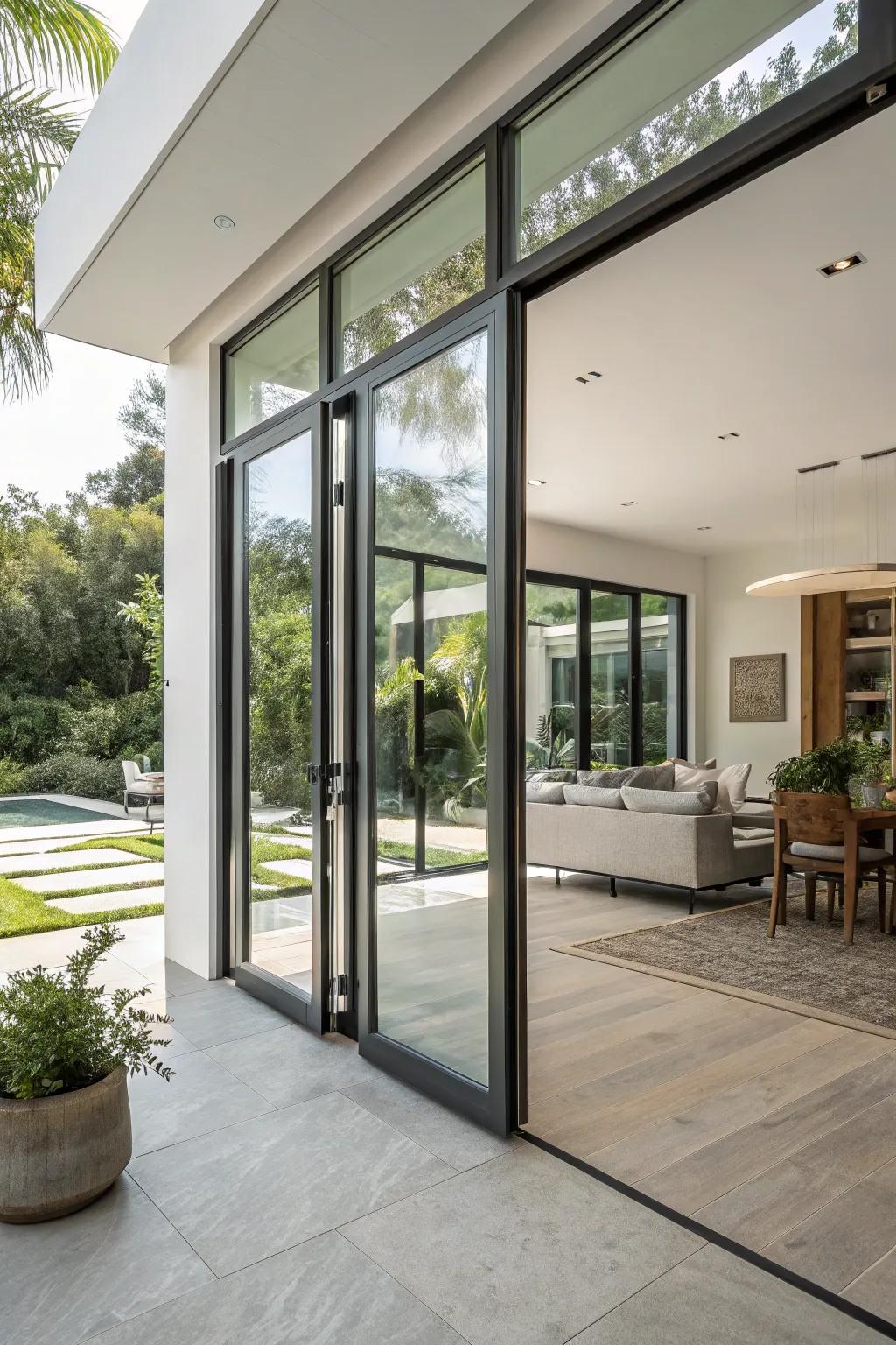 Pivot doors extend a contemporary and chic entry to your patio.