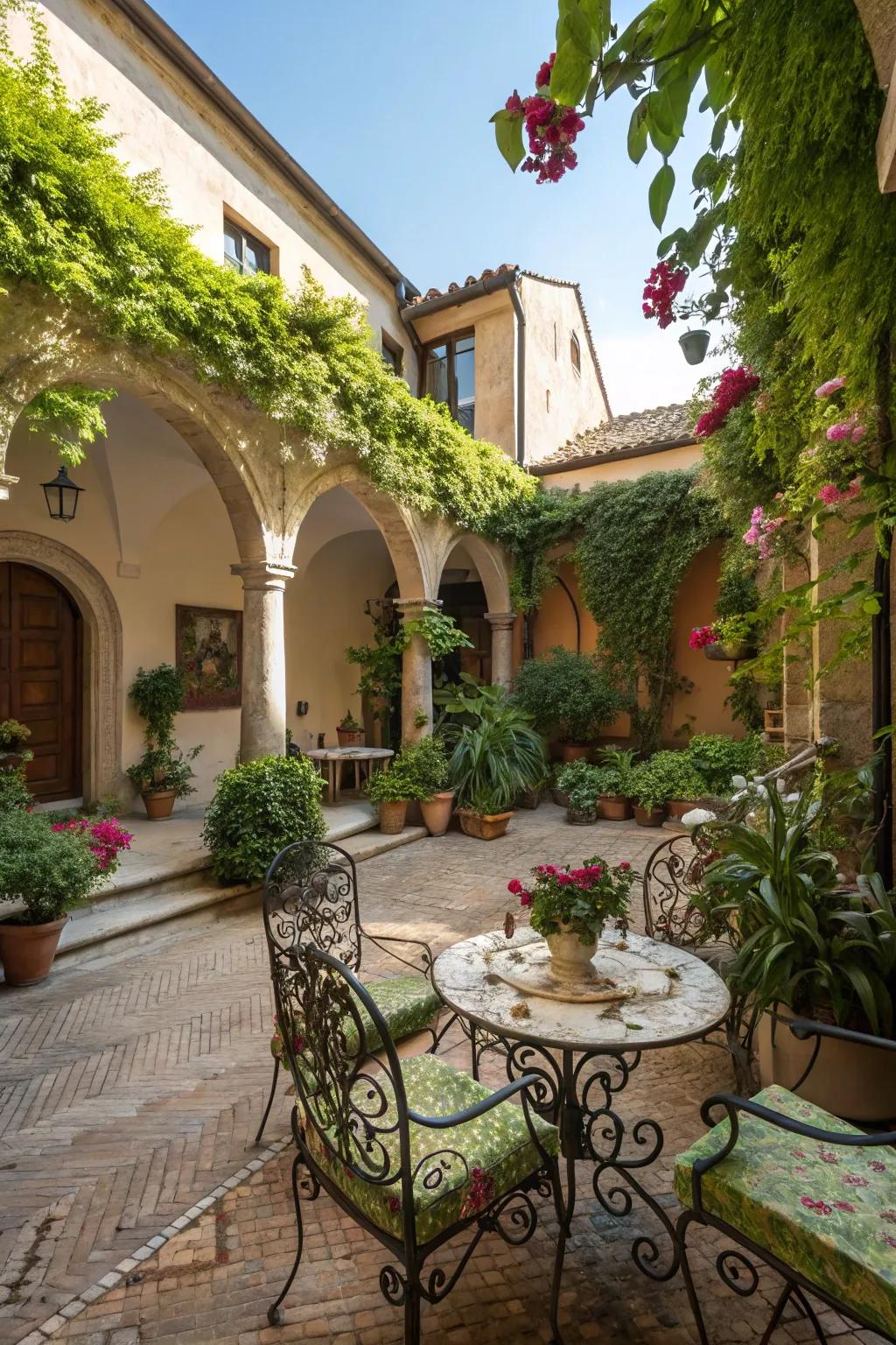 Wrought iron furniture introduces sophistication to this garden patio.