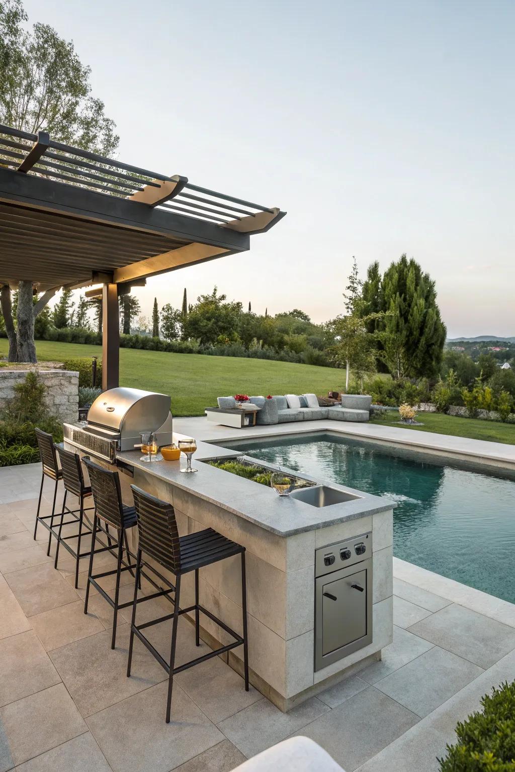 Prepare meals and host poolside using an open-air galley.