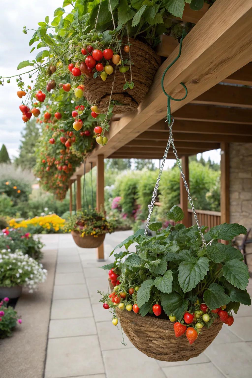 Hanging baskets incorporate upright charm and ease of access.