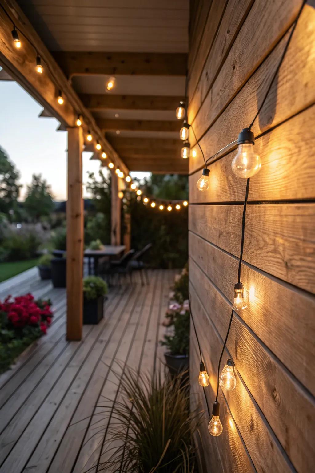 A wood backdrop adorned with fairy lights for a magical evening radiance.