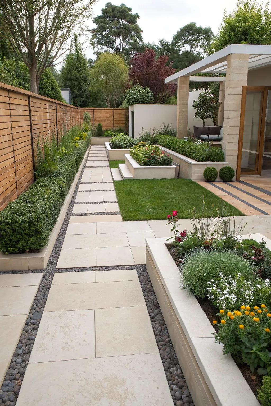 Modern design with paver flower beds.