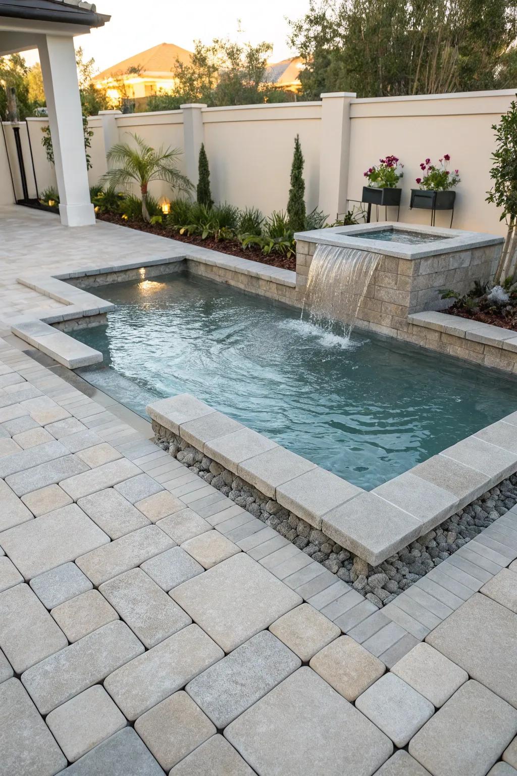 A hydration feature infuses a calming and opulent nuance to the pool setting.