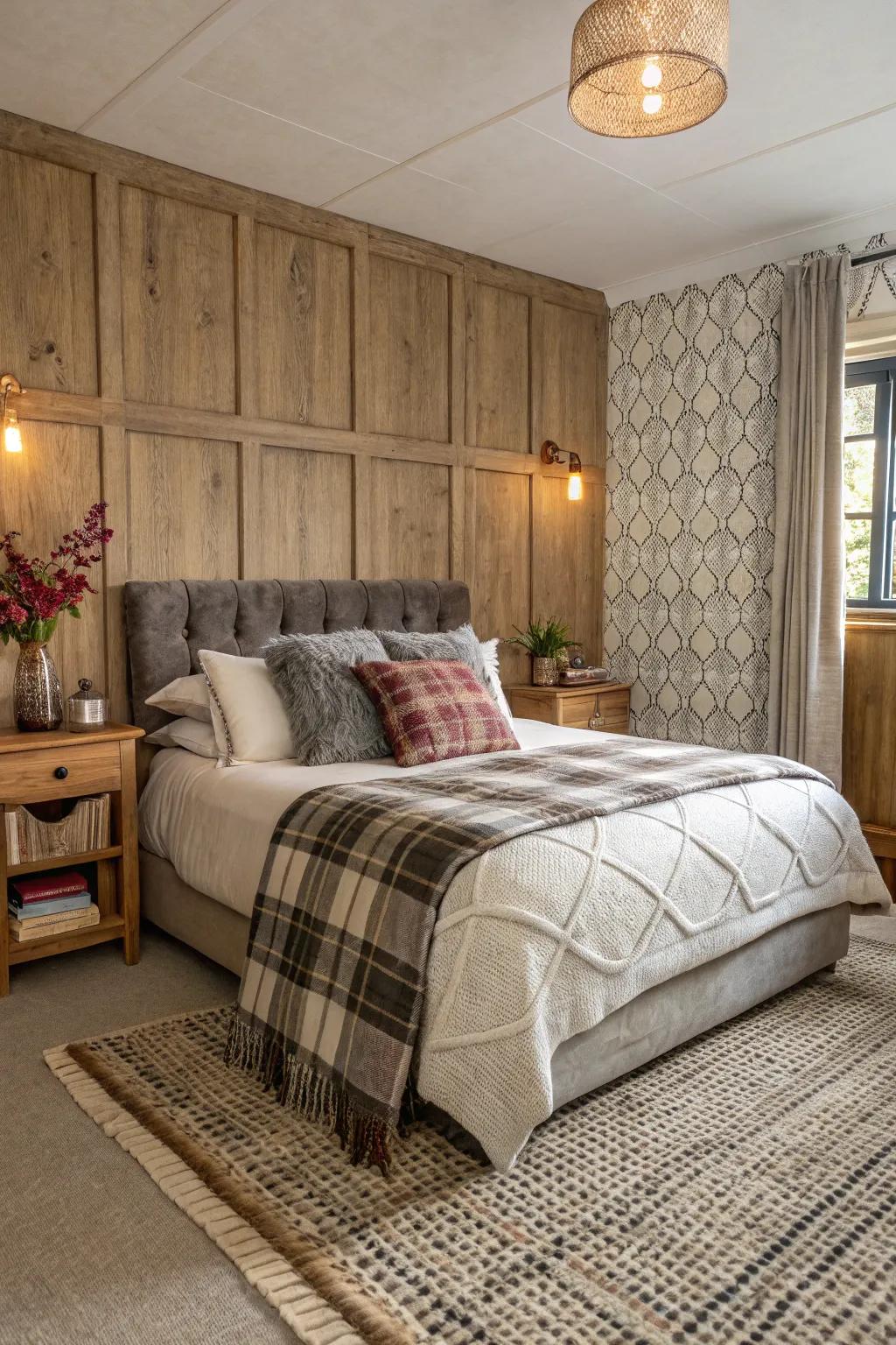 Textured decor elements in a bedroom adding depth and warmth to the space.