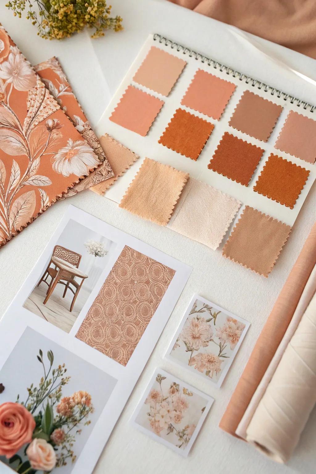An inspirational mood board in peach to materialize your wedding vision.