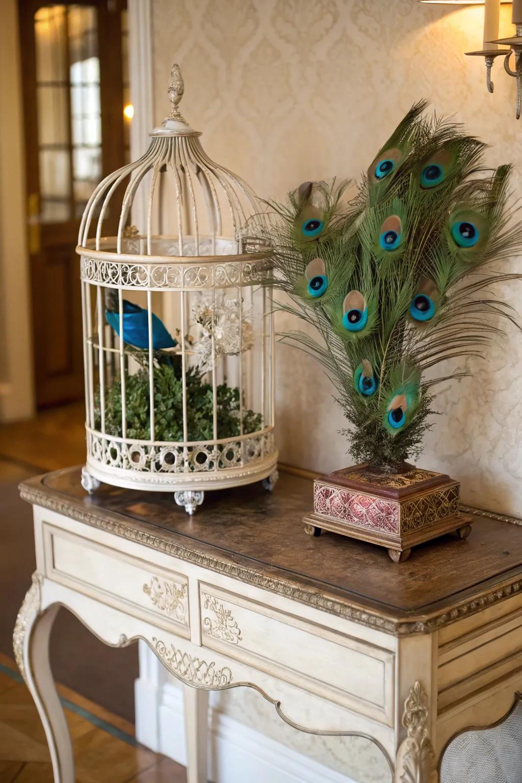 An eccentric bird enclosure centerpiece brimming with pheasant plumes.