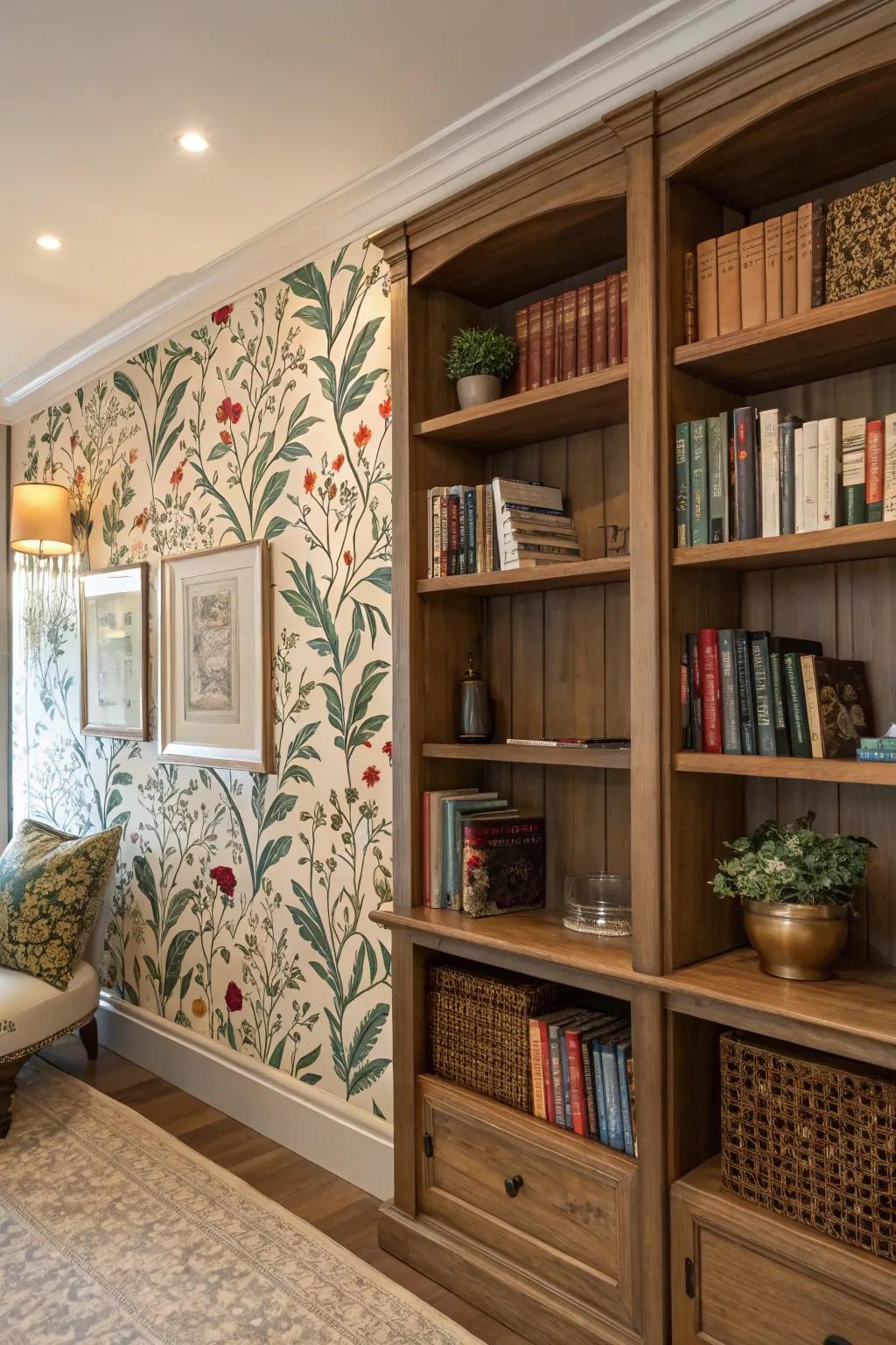 Highlight your shelves with fashionable wallpaper backdrops.