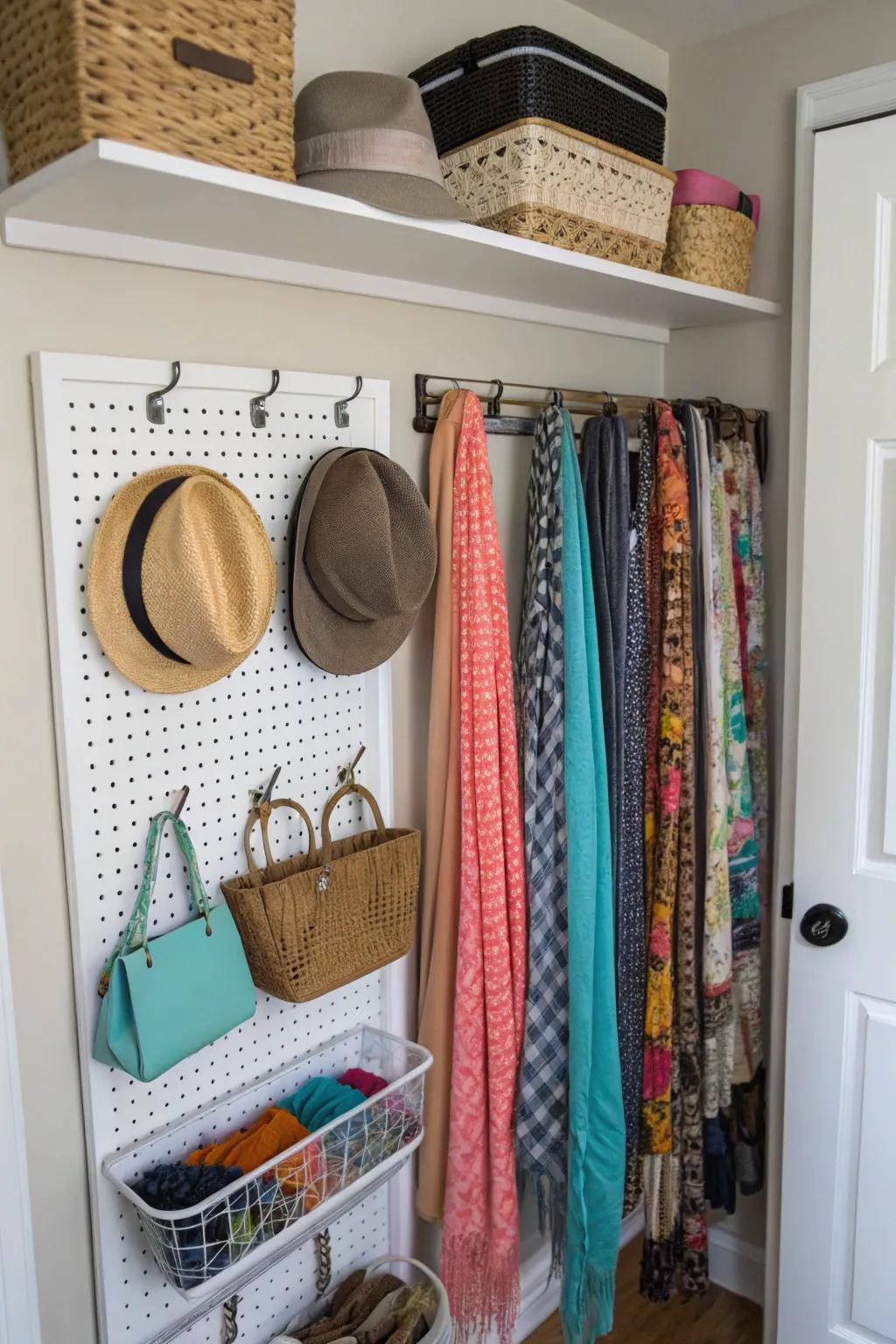 Pegboard organizers enhance closet functionality.