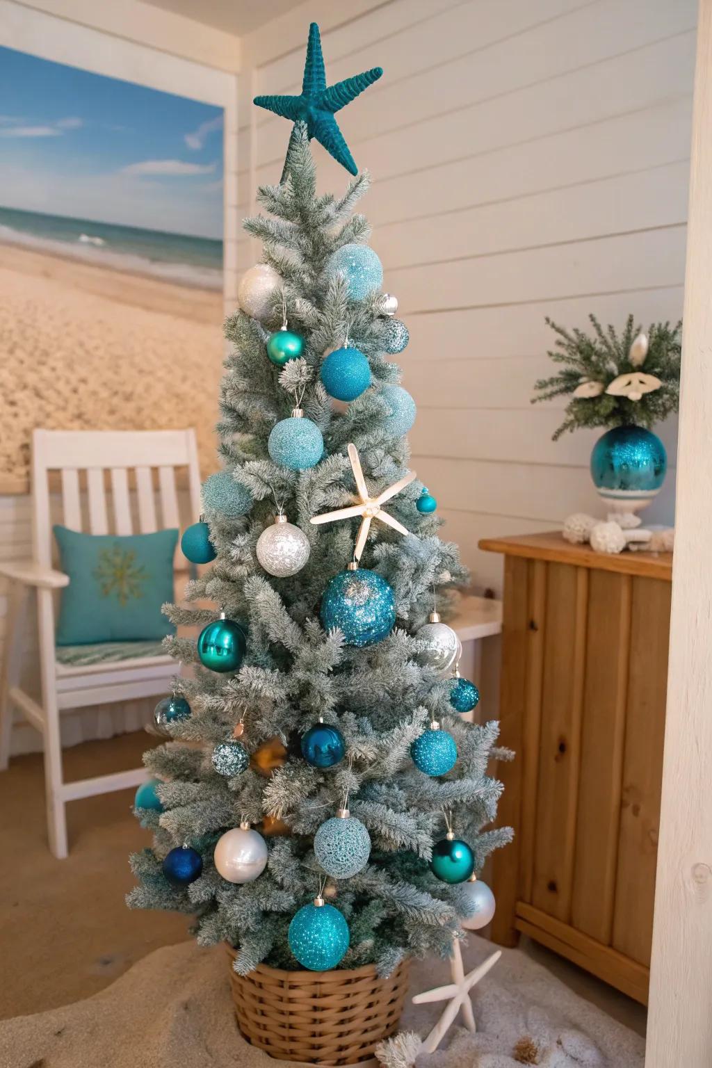 Seaside Yuletide with a beach-inspired slender tree.