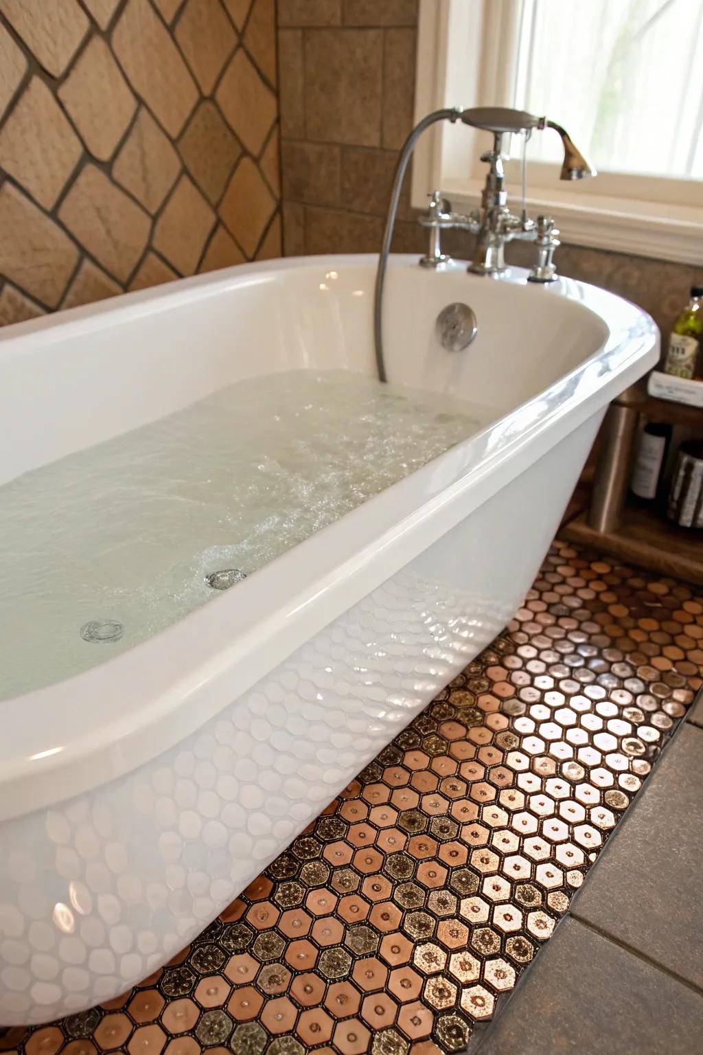A luxurious bathtub is accentuated by sophisticated penny tiles.
