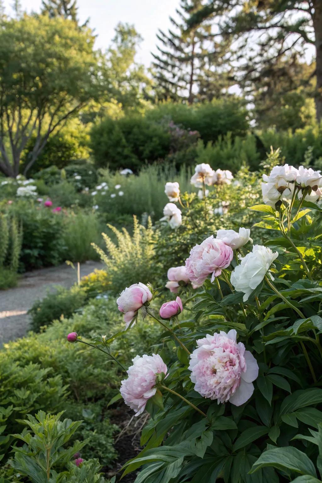 Abundant foliage accentuating the spirited hues of peonies.