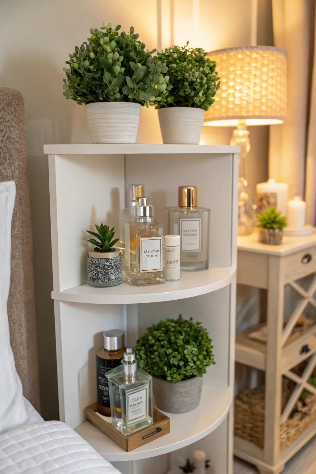 Corner shelves maximize space while accentuating your fragrances.