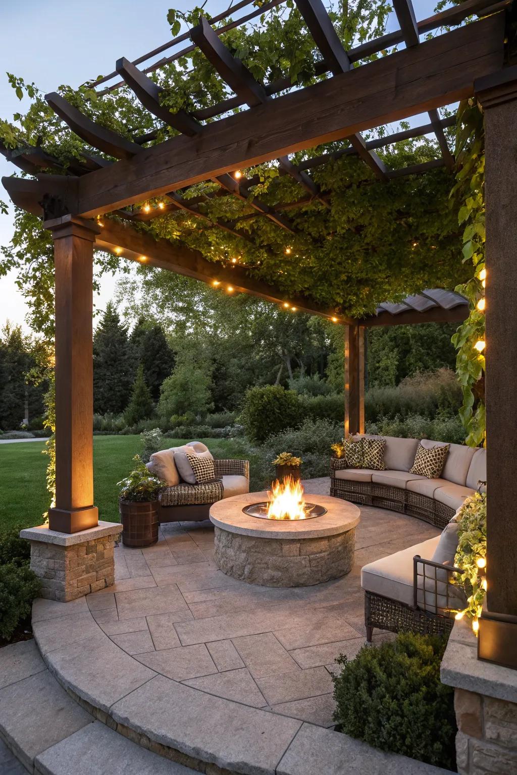 A fire pit establishes an inviting gathering spot beneath the pergola.