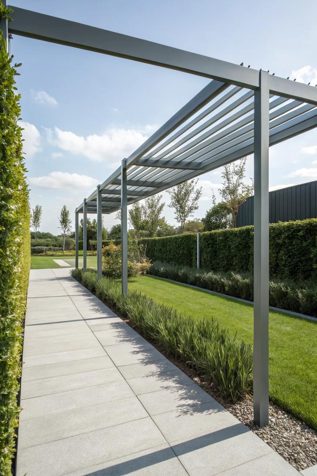 This pergola has a contemporary feel thanks to the sleek metal sides.