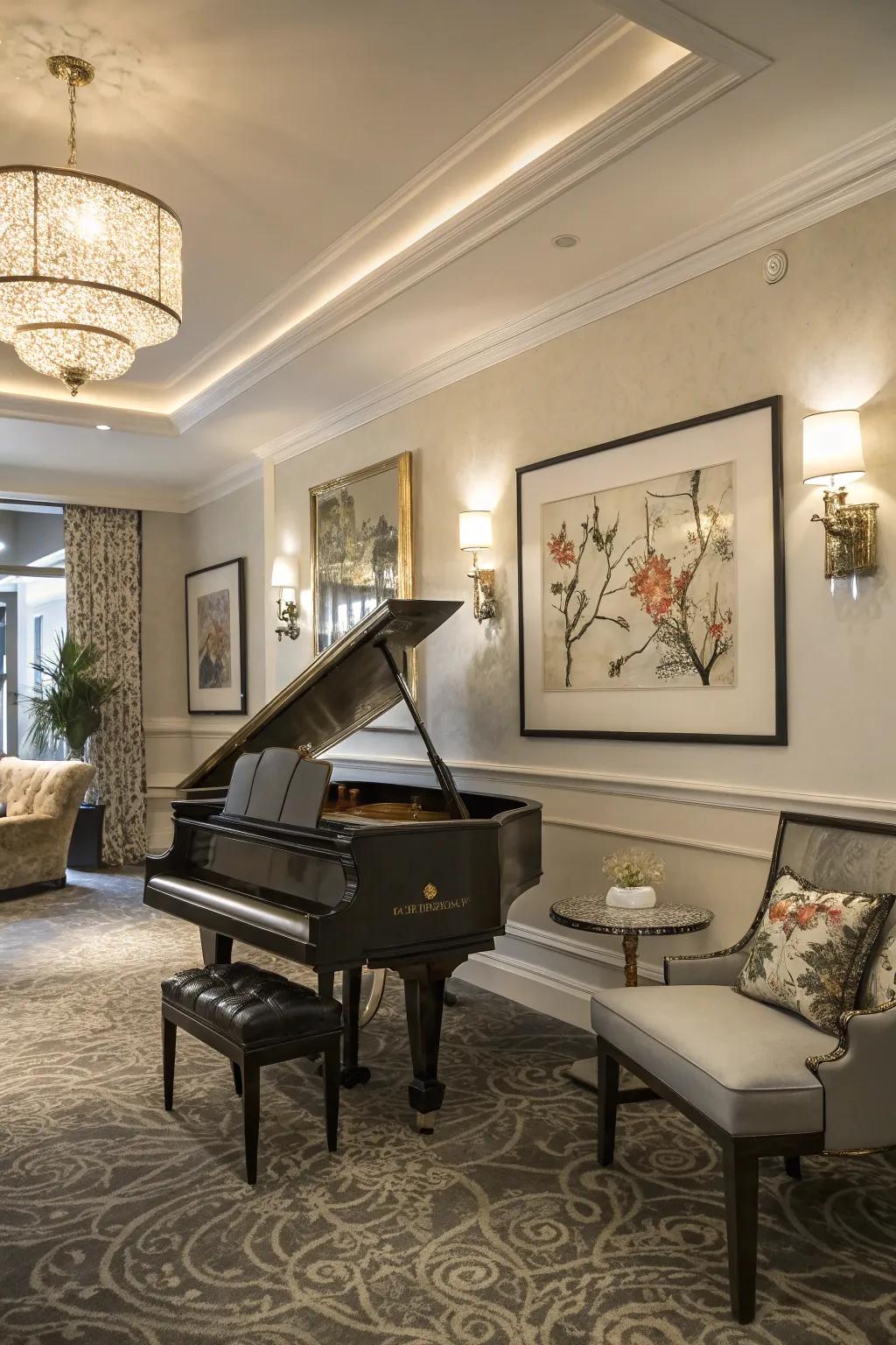 Wall art adds personality and transforms the piano room into a gallery.