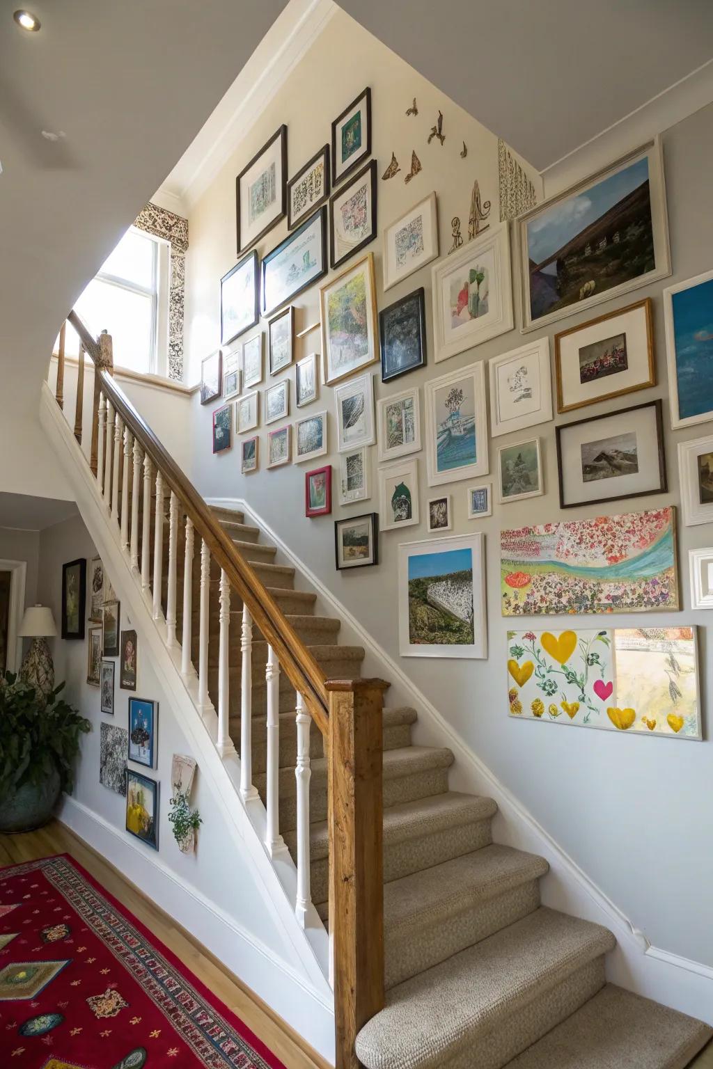 An eye-catching gallery wall running up the staircase.