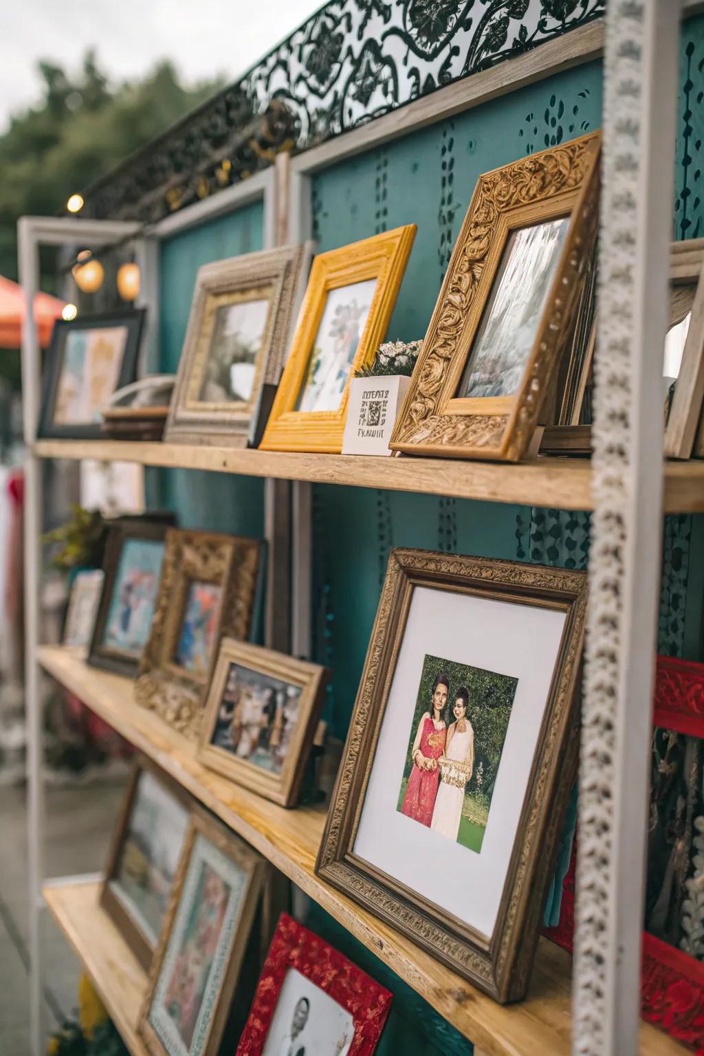 Eclectic picture ledge with mixed frame styles.