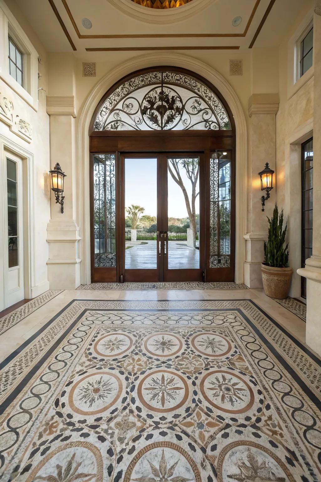 Decorative tiles create an artistic and welcoming entryway.