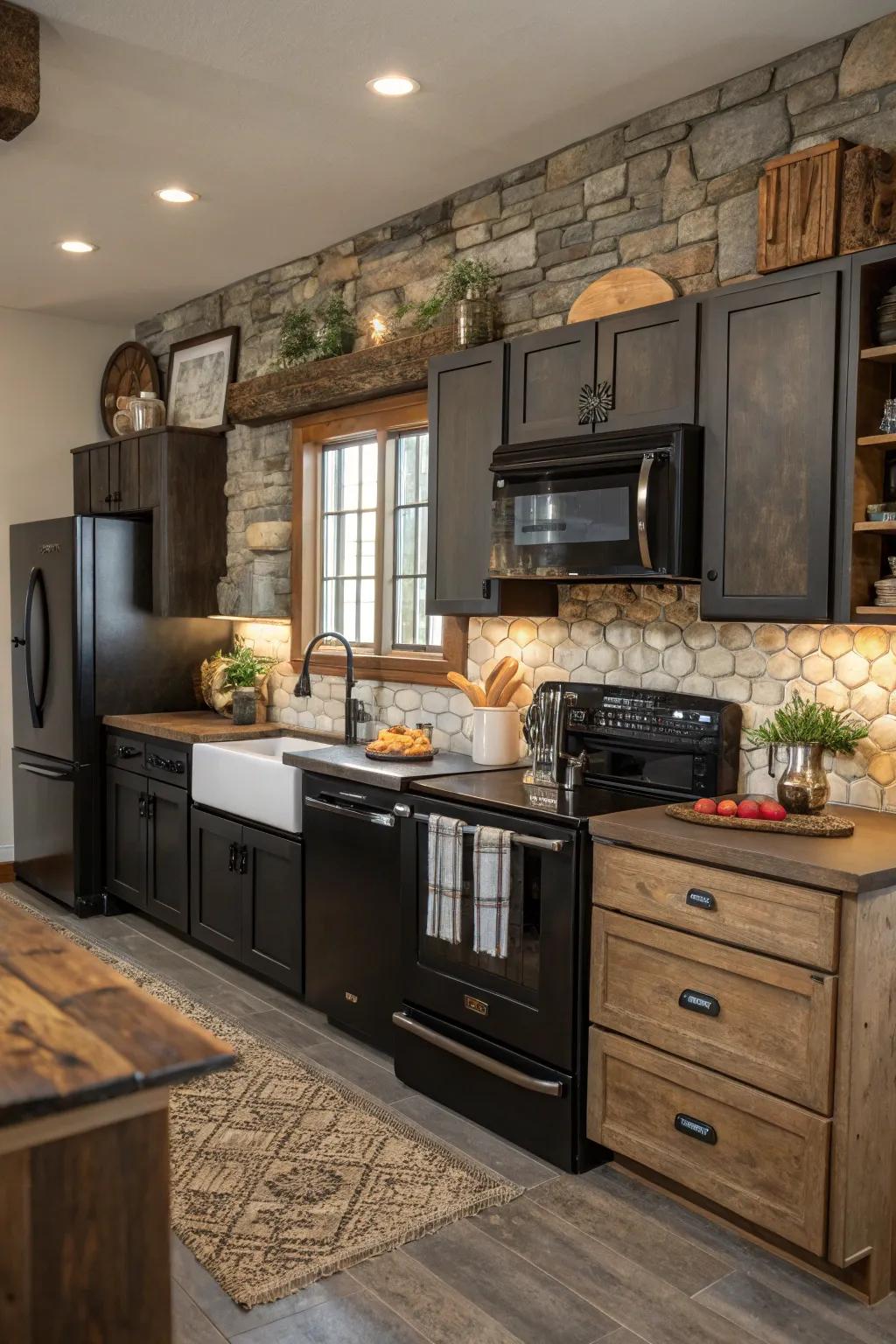 A farmhouse kitchen with a modern twist using charcoal appliances.