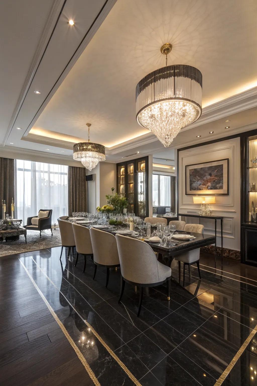 Glossy floors add a hint of glamour to this dining space.