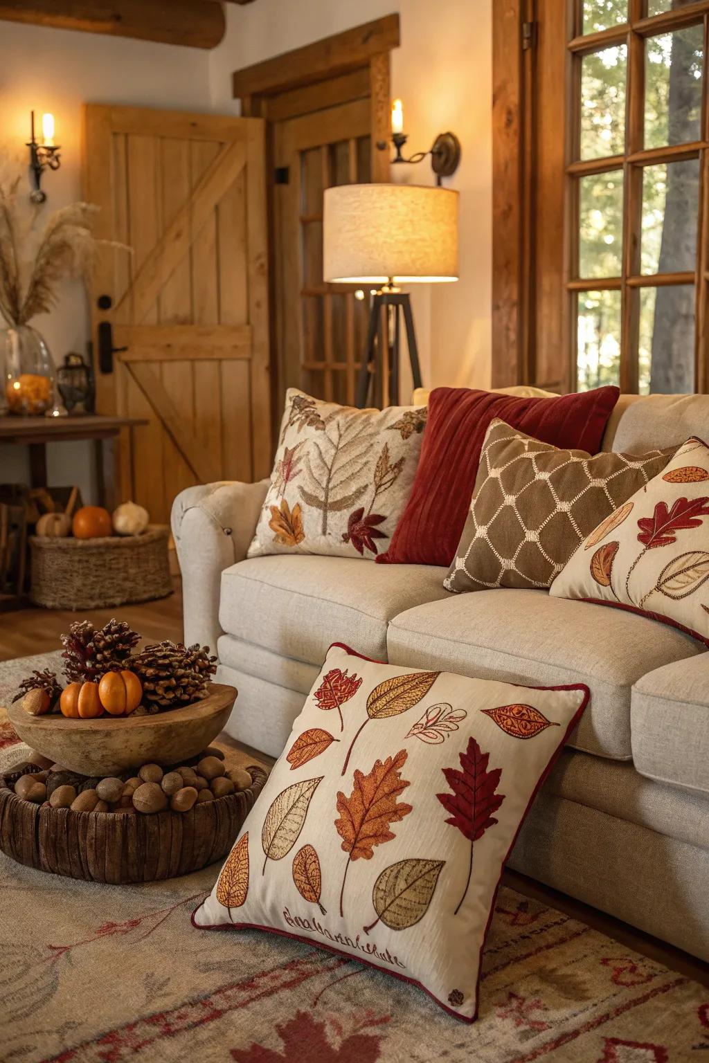 Seasonal cushions in autumnal shades cultivating a warm setting.