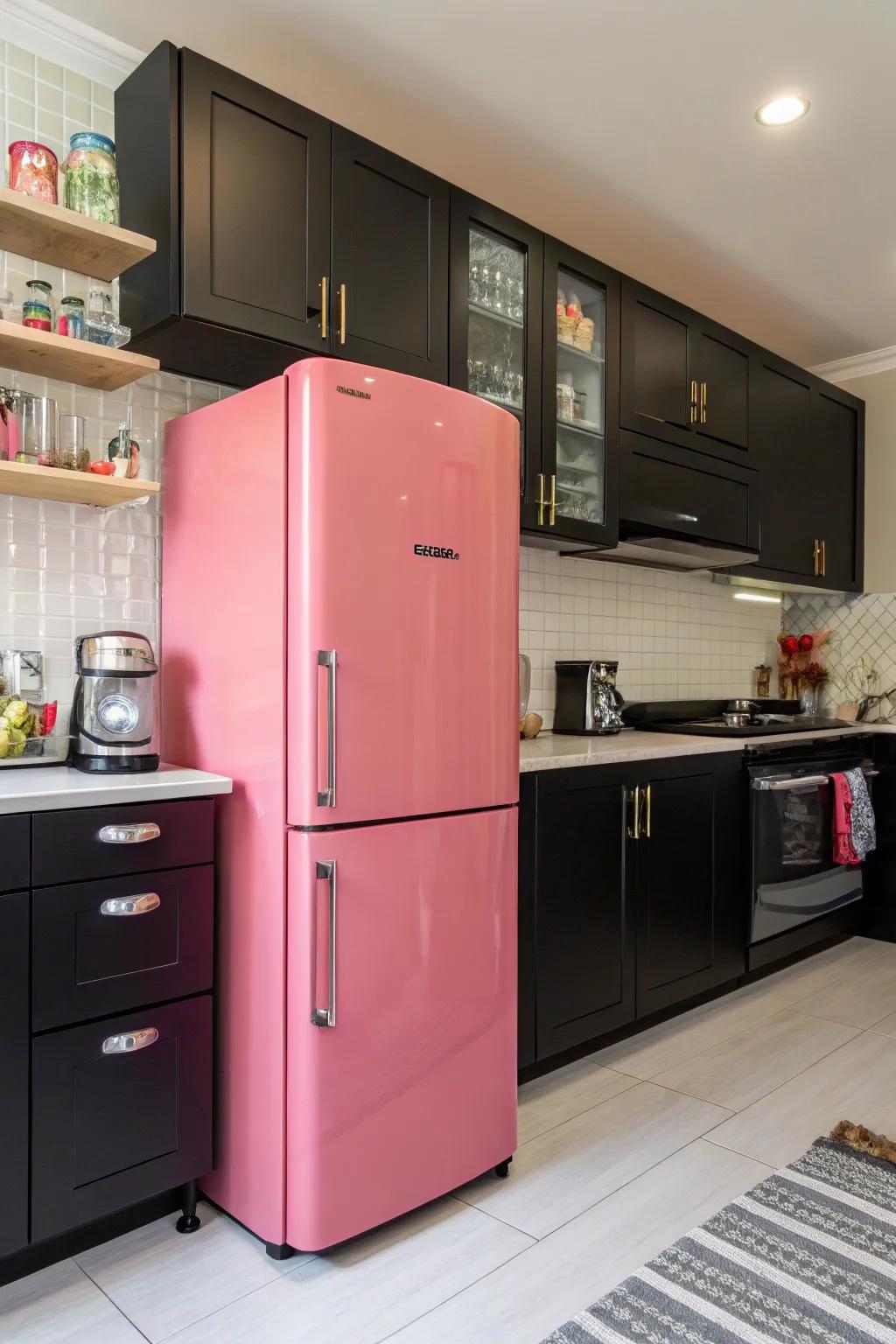 Rose-hued appliances bring personality and warmth to a kitchen dominated by ebony tones.