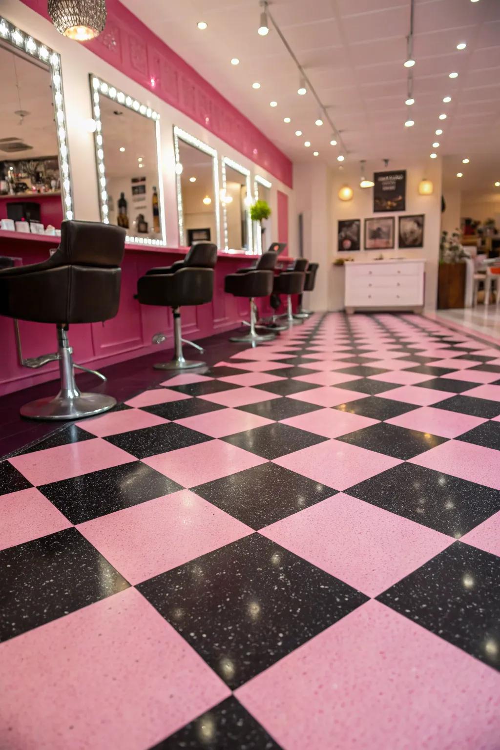 Checkered flooring adds a unique charm to the salon's design.
