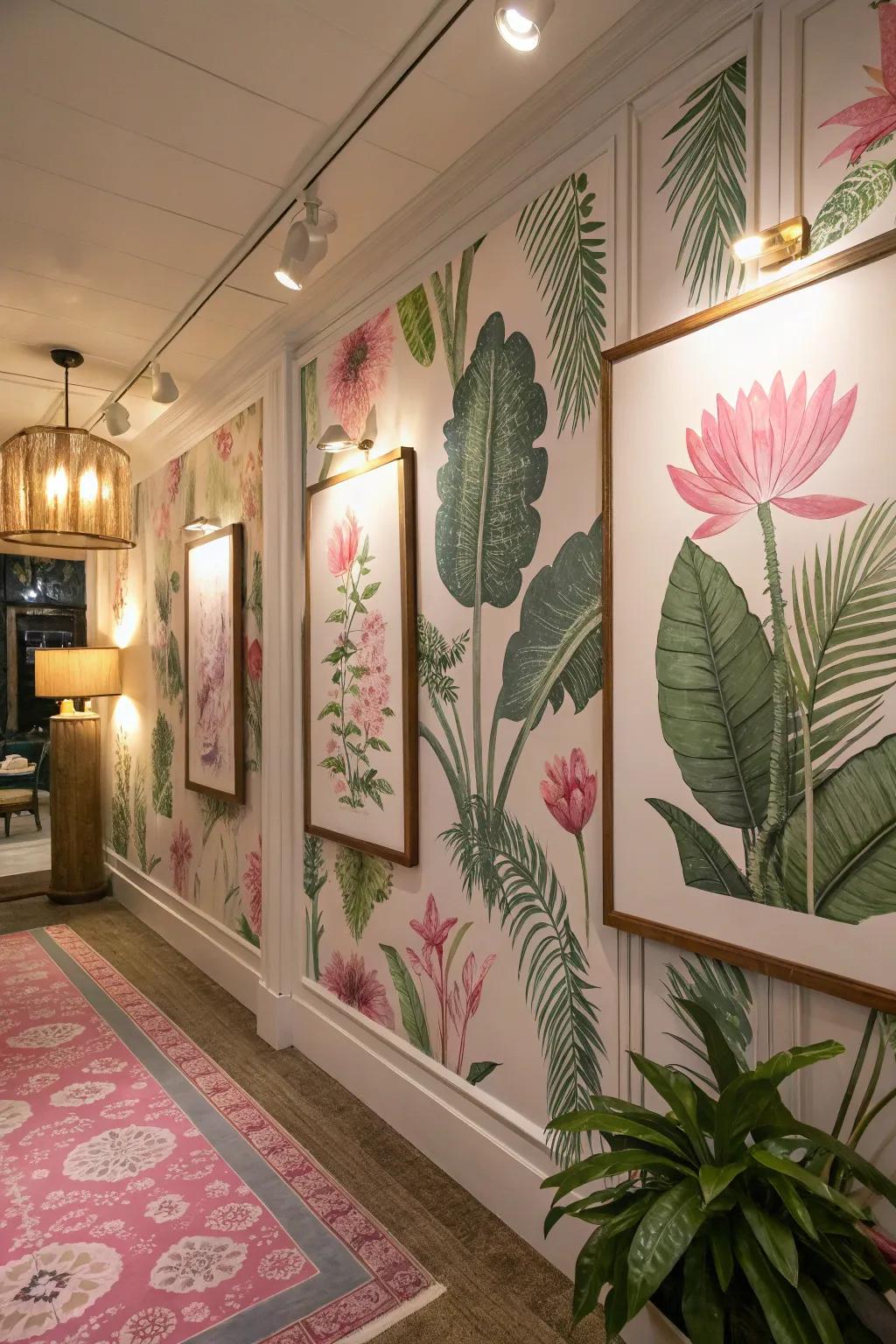 Artwork inspired by nature featuring pink and green floral prints enhances the decor.