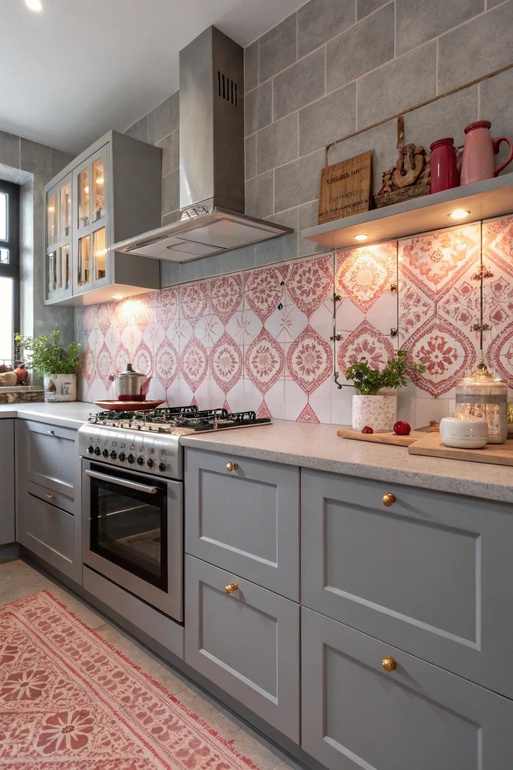 Silver walls accented with rosy decorative tiles for an invigorating ambiance.