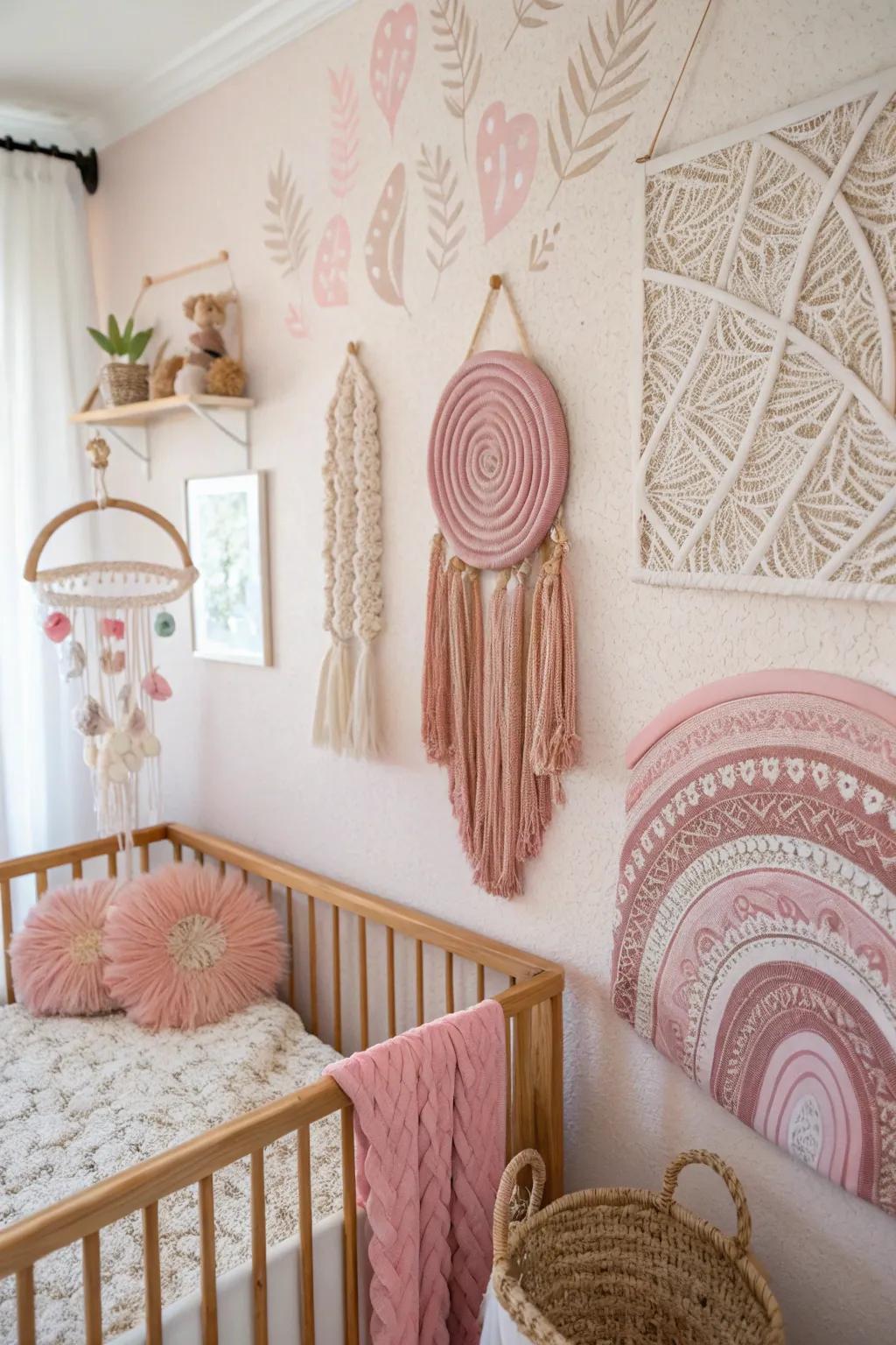 Boho-chic wall hangings infuse texture and warmth into the nursery.