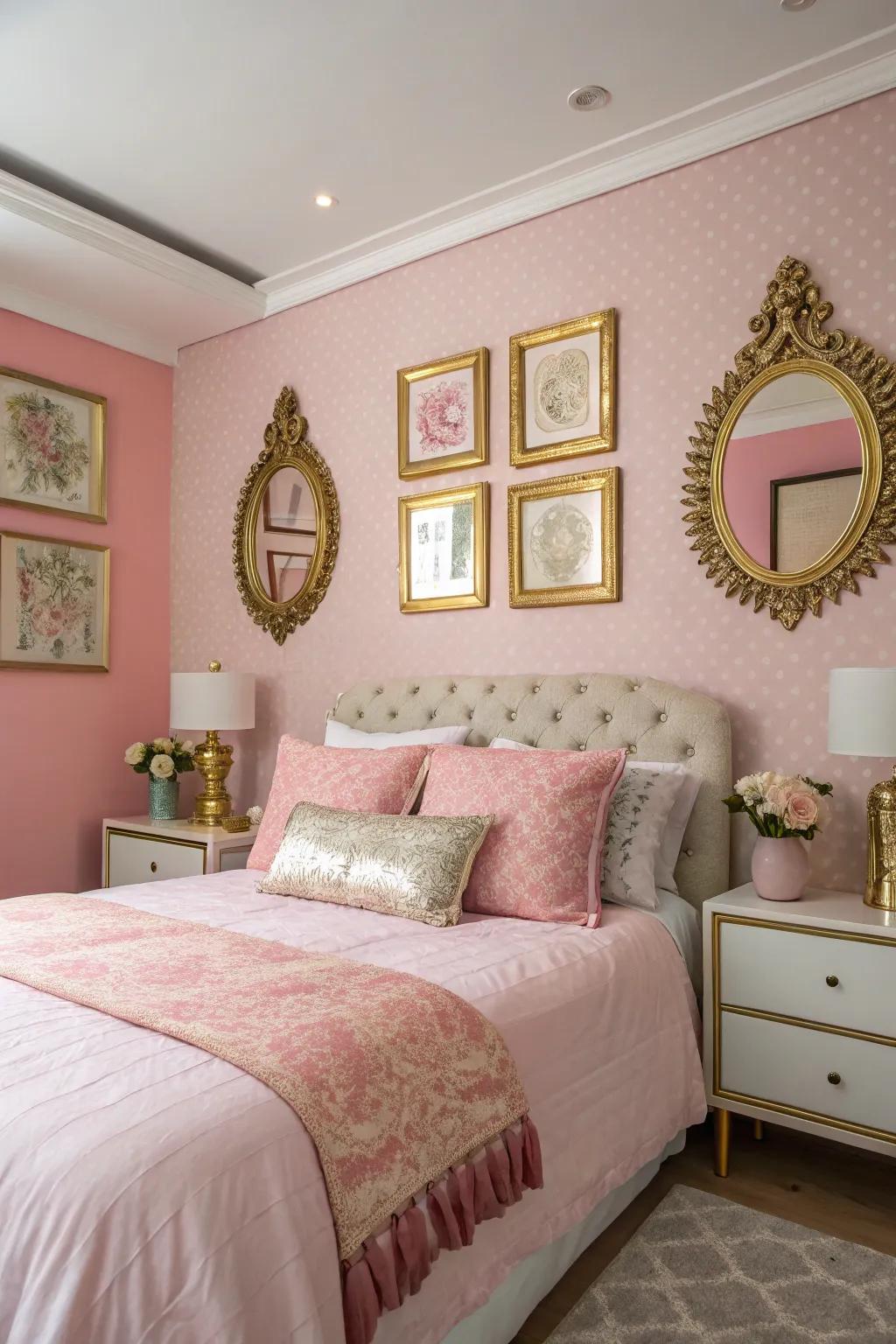Shiny gold elements enhance the pink decor within this stylish bedroom.