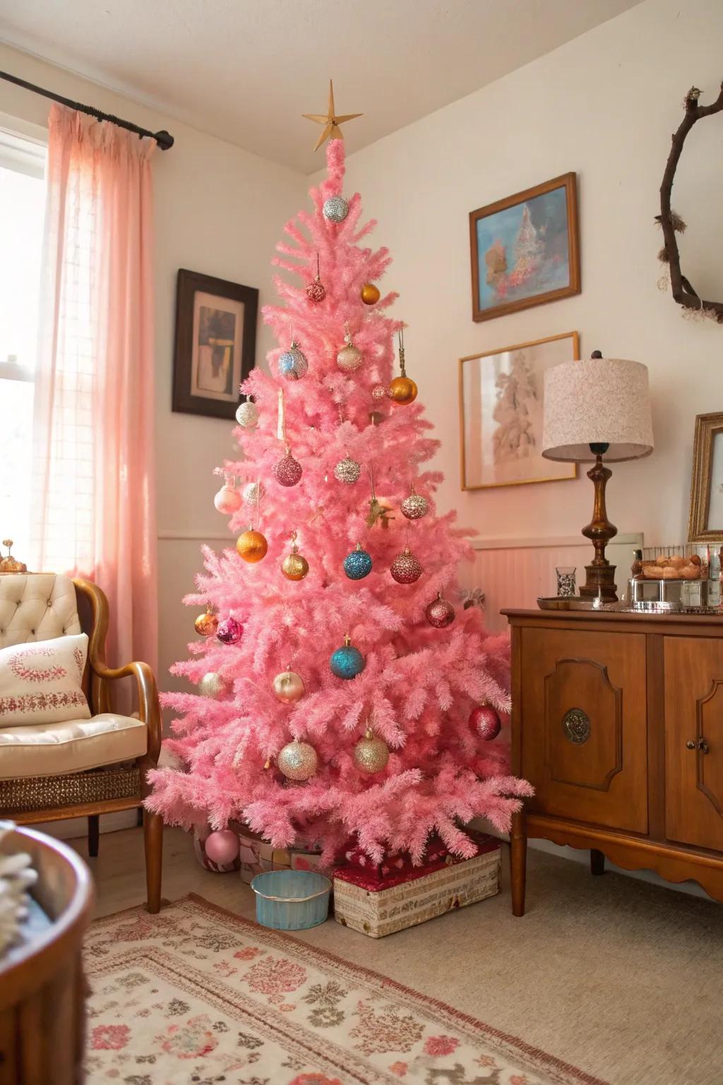 Vintage ornaments impart a delightful nostalgic sensation to this rose fir.