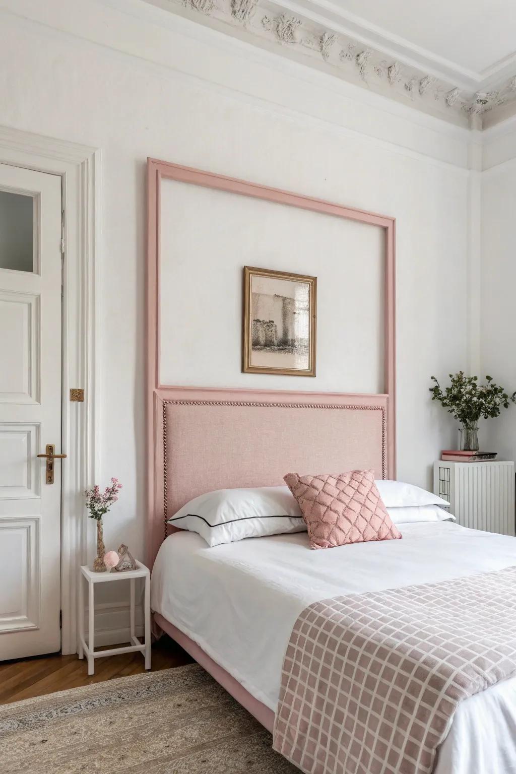 A minimalist bedroom featuring a simple pink frame headboard.