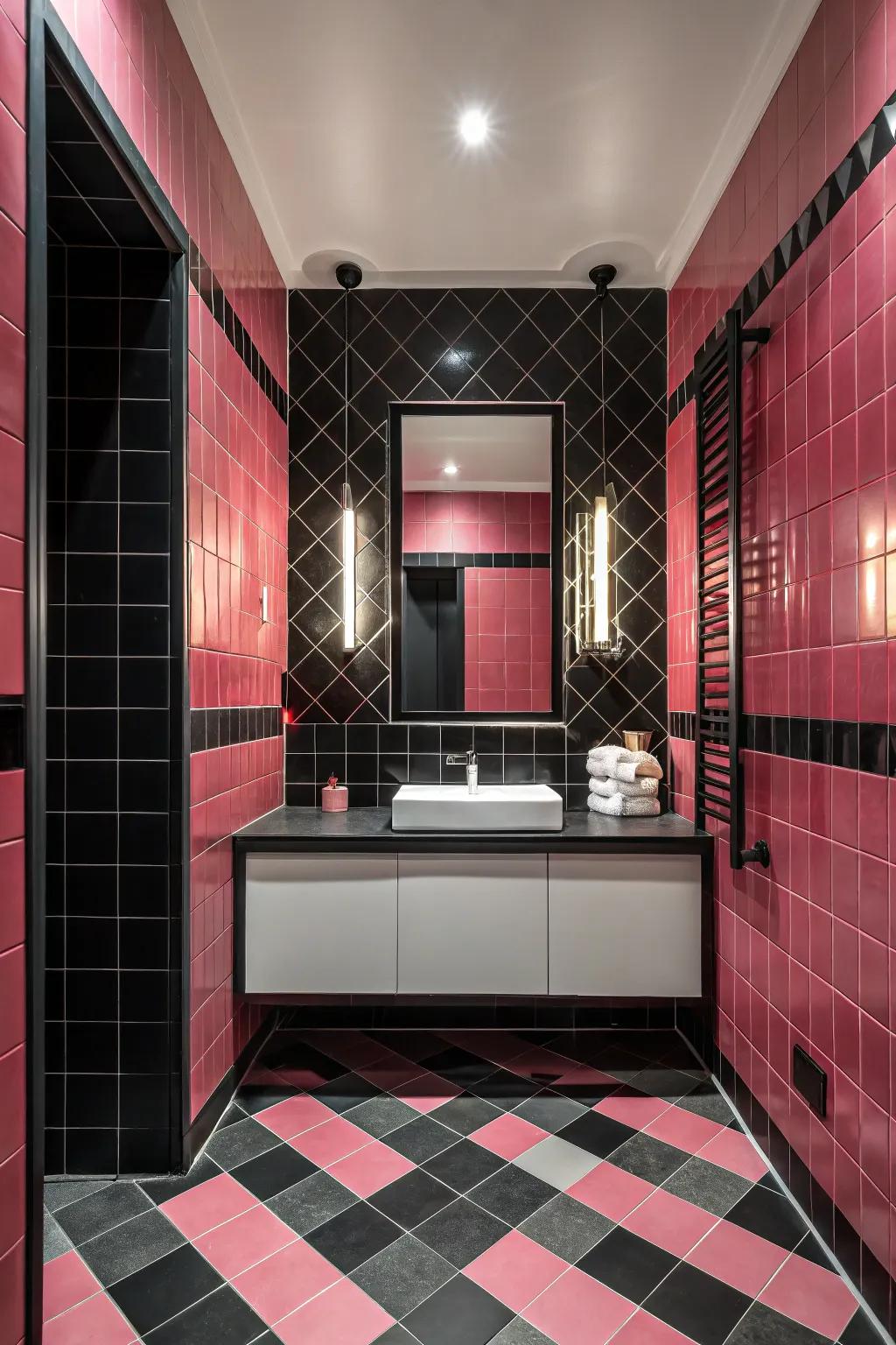 A striking contrast of pink and black tiles in a standout bathroom design.