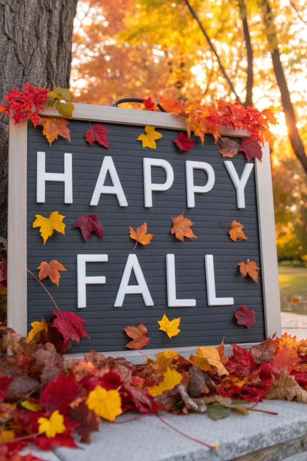 A welcoming fall bulletin board with cheerful phrases and vibrant colors.