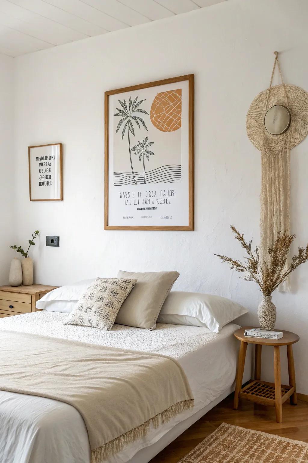 A simple design poster creating a calming effect in a serene bedroom.
