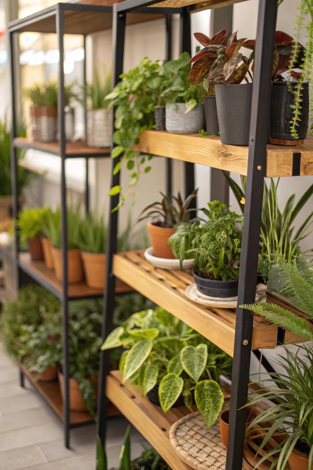 Imaginative use of mixed materials for a striking plant shelf.