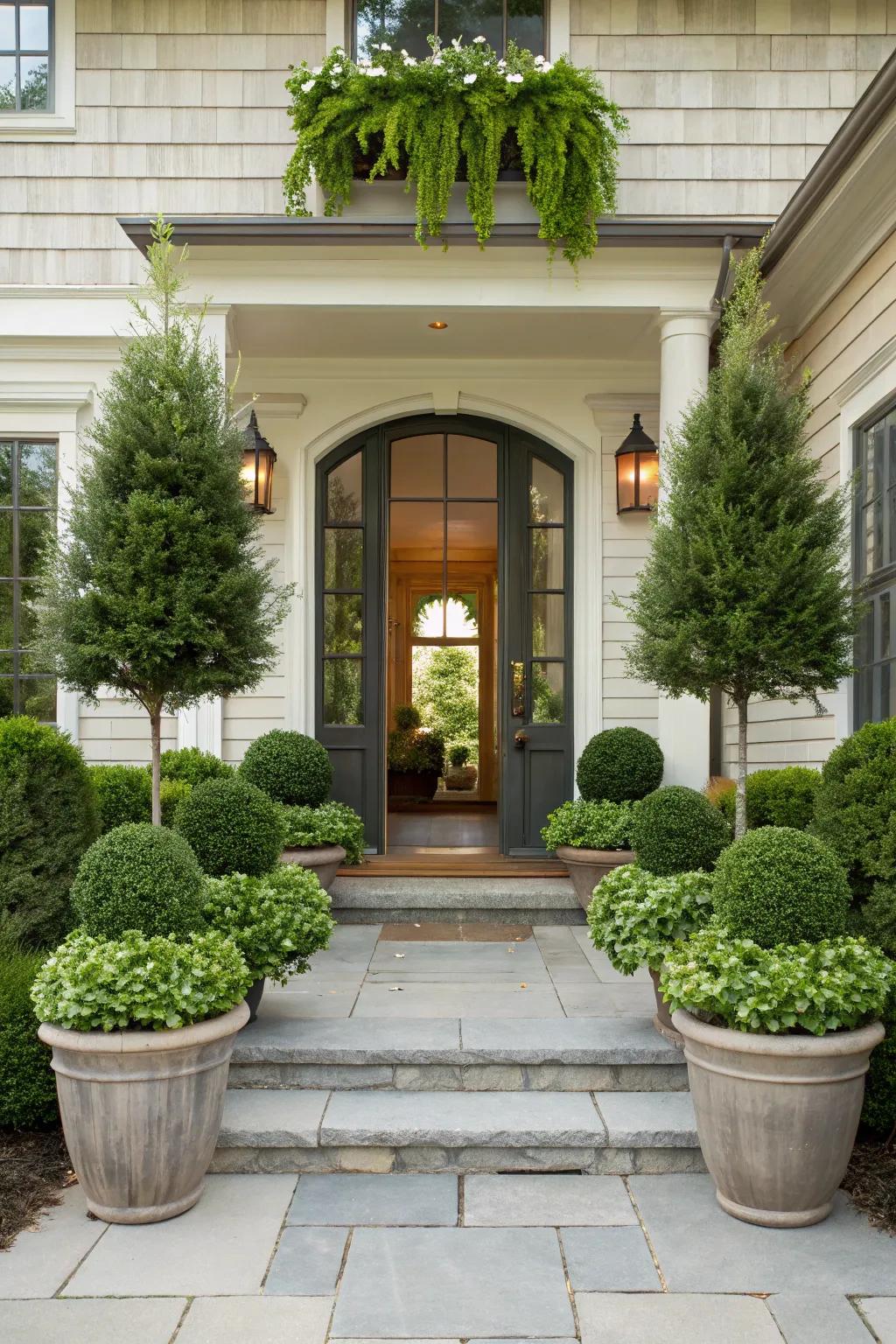 Symmetrical flora layouts exquisitely frame the entrance.