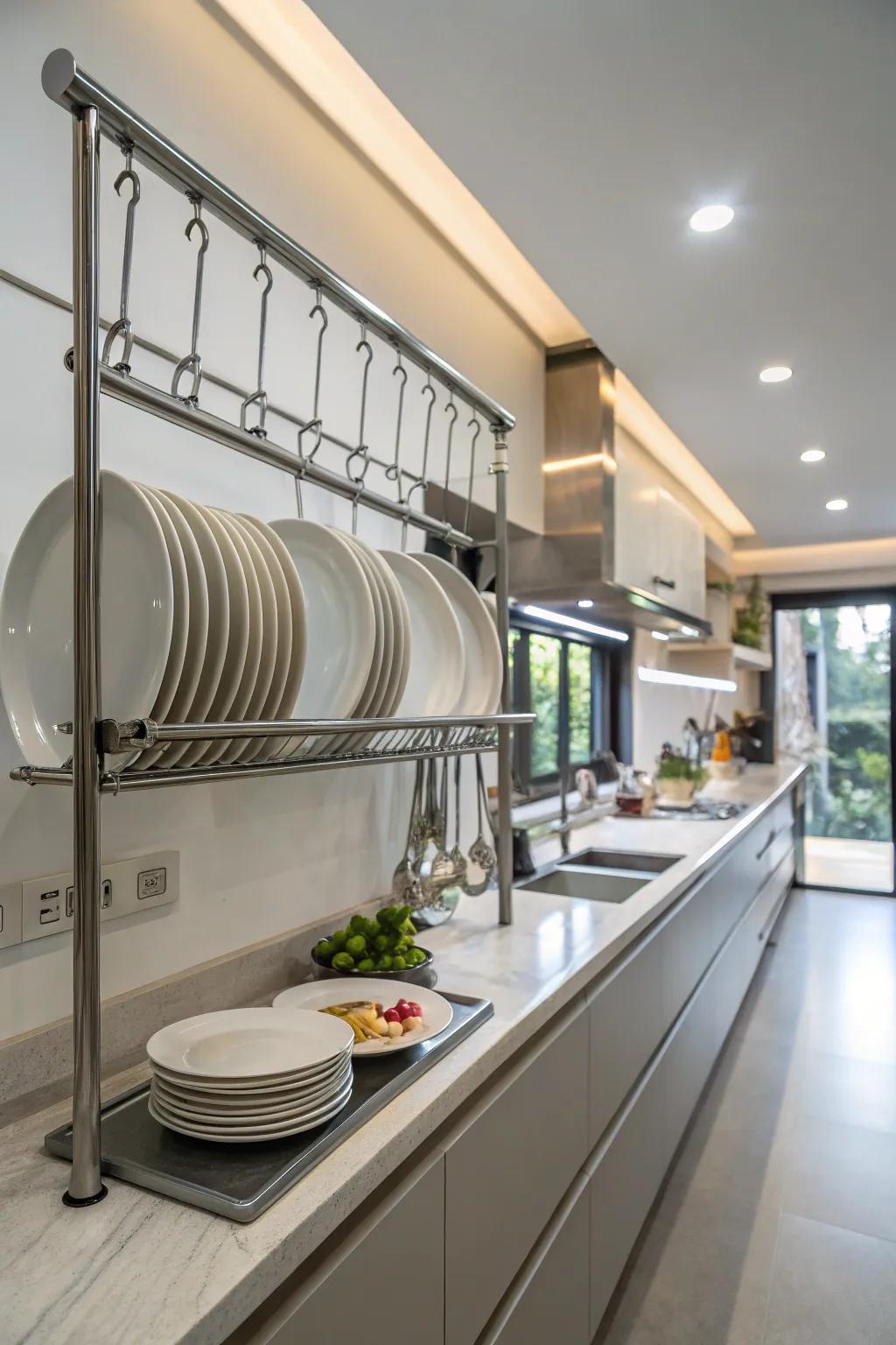 A contemporary kitchen incorporating a polished metal plate rail