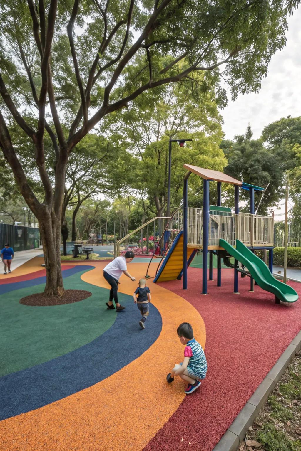Rubber pieces provide a sustainable and soft playground floor.