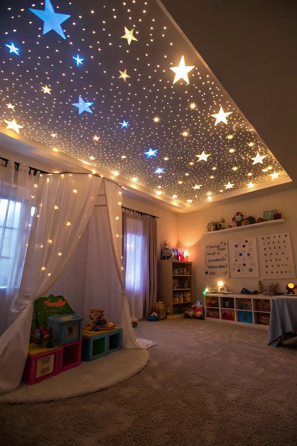 A celestial night overhead transforms the playroom into a dreamscape.