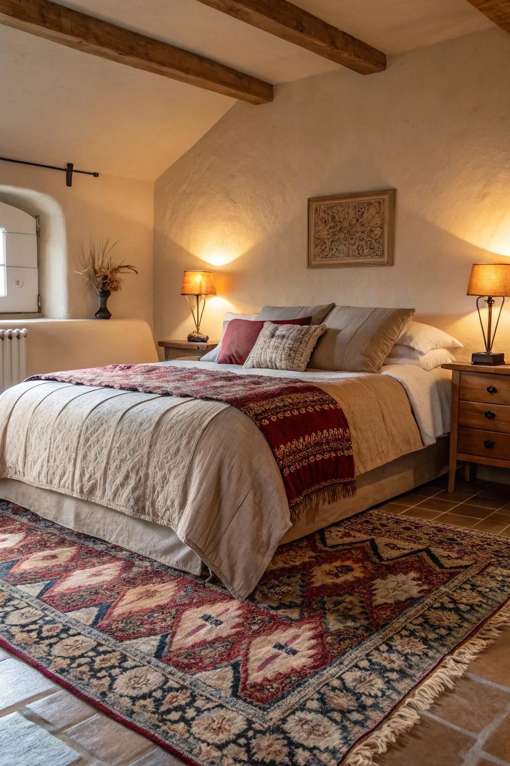 Sumptuous rugs provide warmth and comfort in a bedroom.