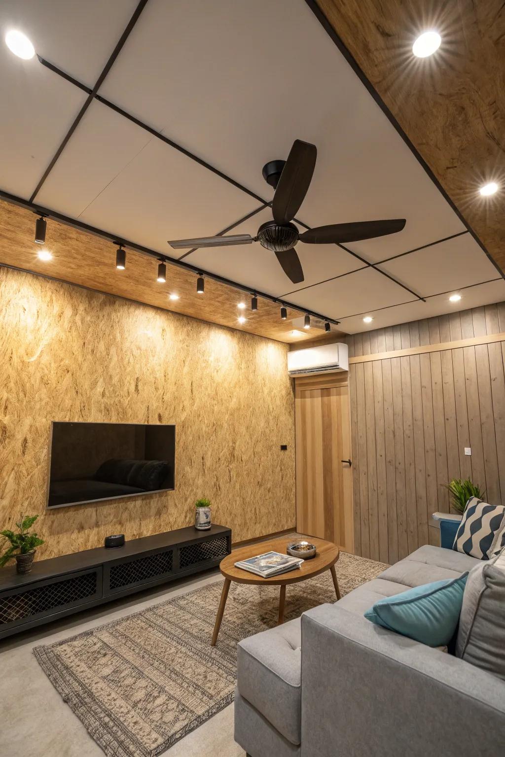 A modern ceiling where plywood and a fan are seamlessly integrated.