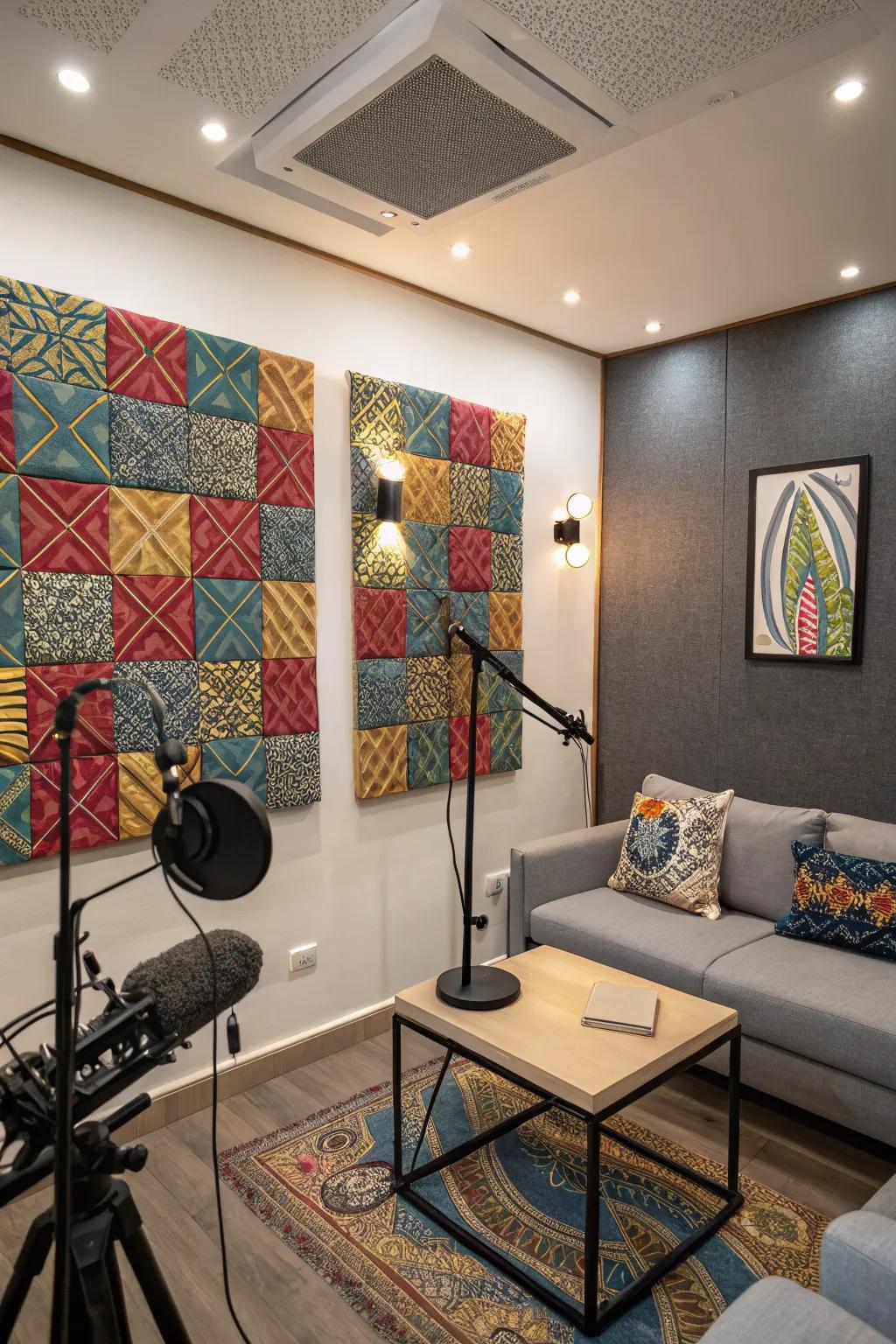 A podcast studio with ornamental acoustic boards.
