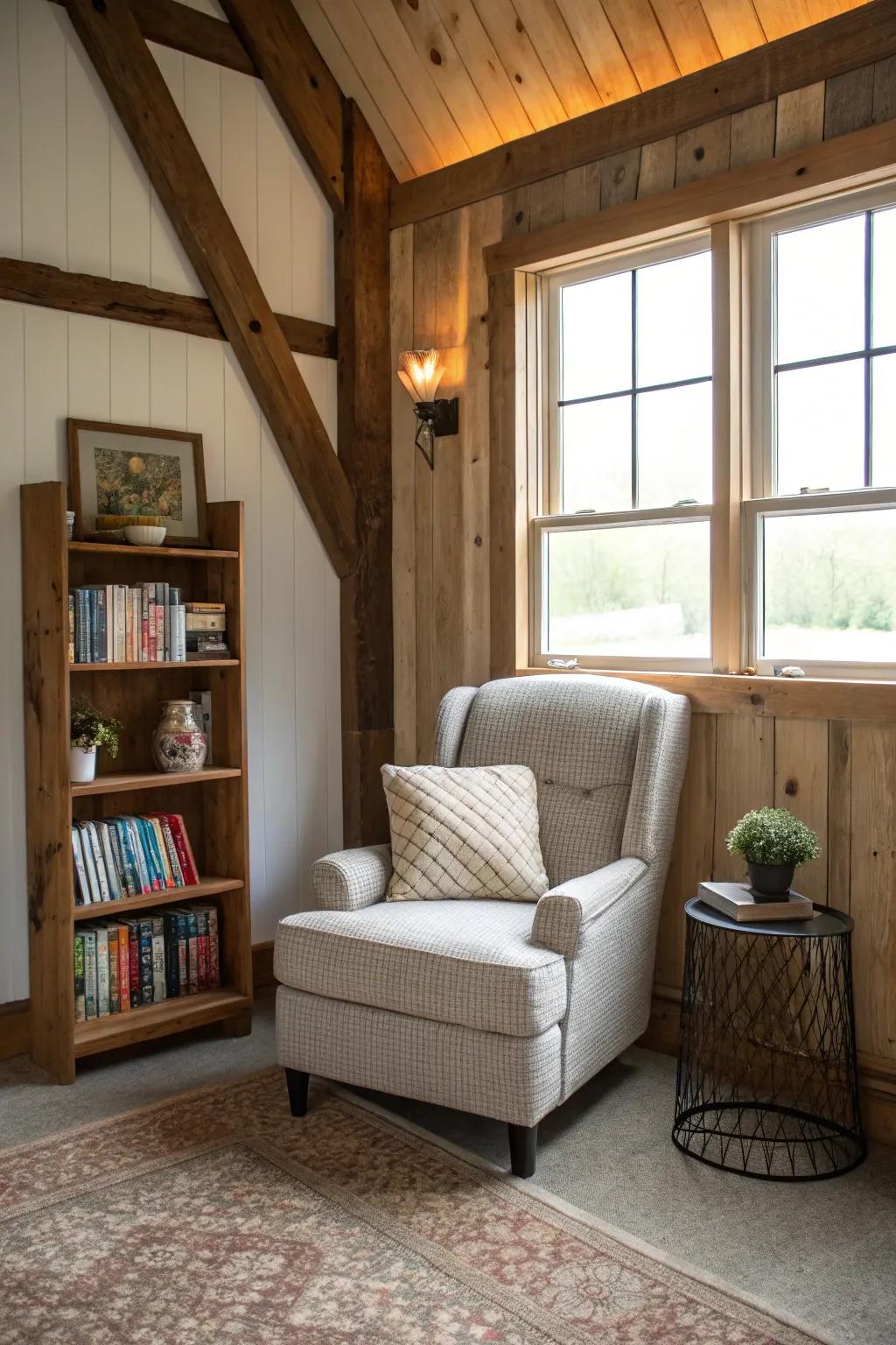 A peaceful corner inside a pole barn featuring a comfy chair and bookshelf.