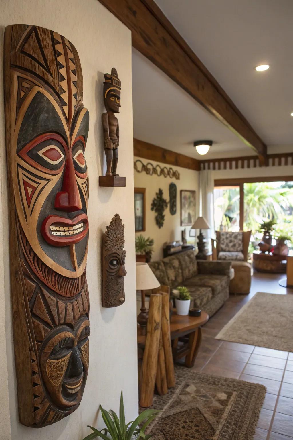 Tribal facades and figures offer authenticity.